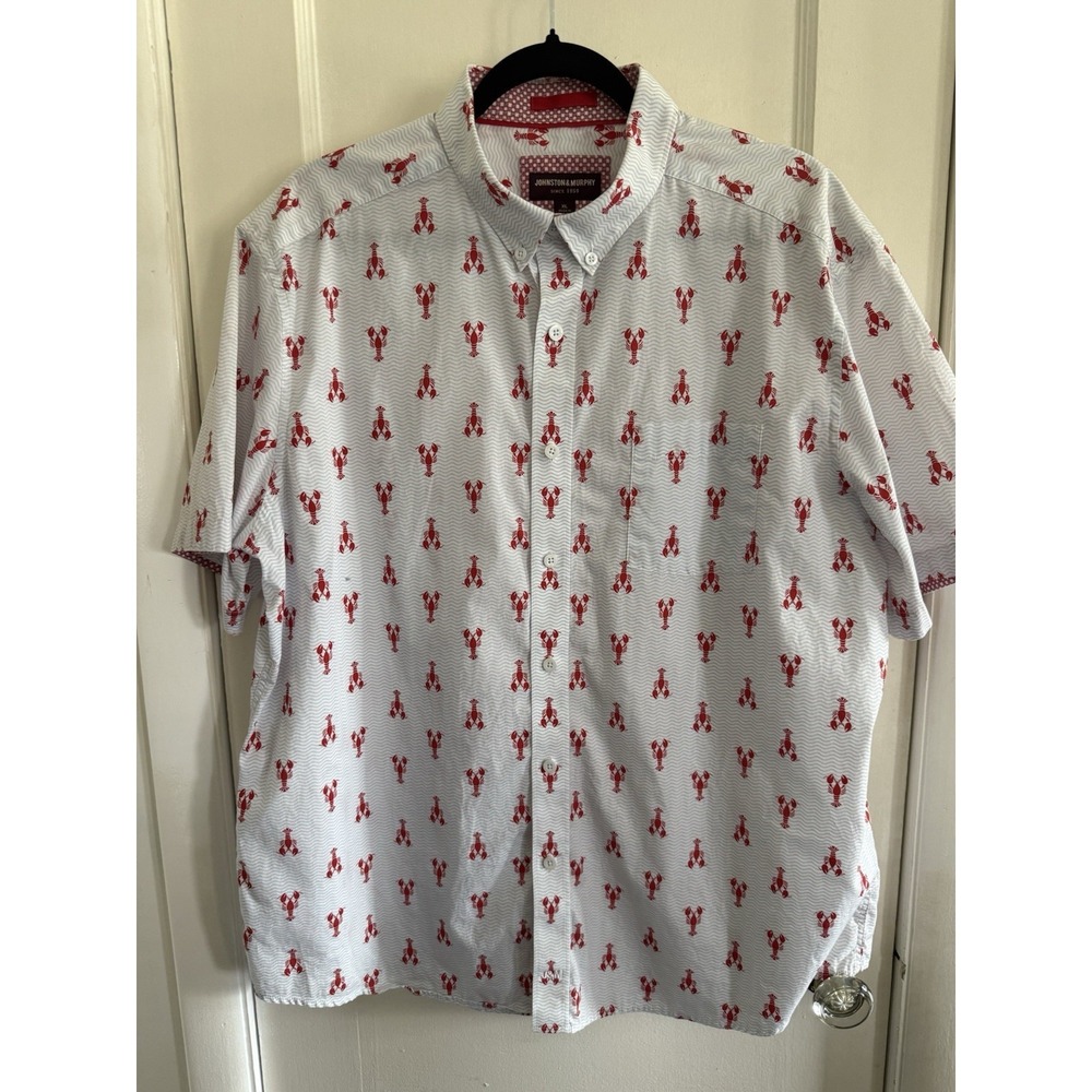 Johnston & Murphy Shirt Men's XL Button Up Lobster Print Short Sleeve Nantucket